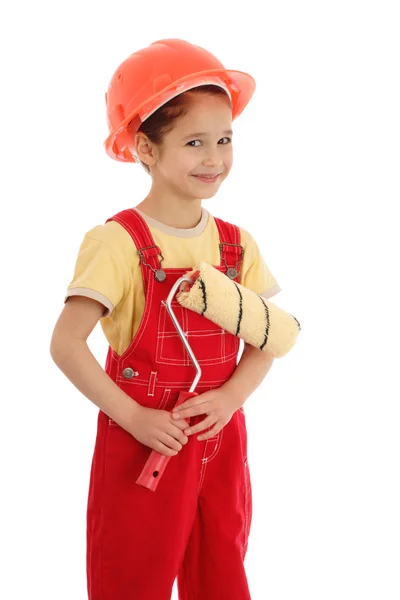 Lilla leende builder i overaller med paintroller — Stockfoto