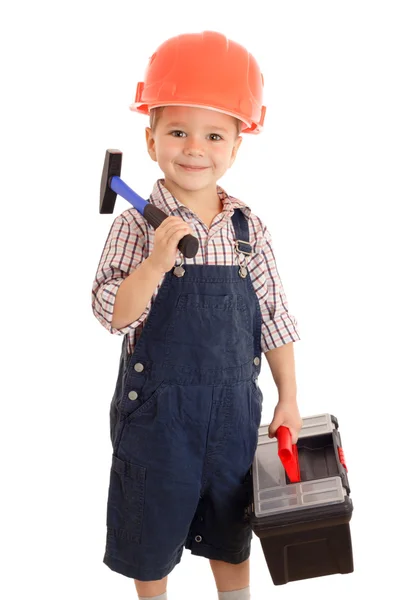 Little Smiling Builder Coveralls Helmet Hammer Toolbox Isolated White — Stock Photo, Image