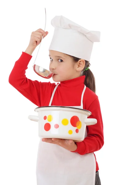 Kleine chef-fornuis gustation met pollepel en pot — Stockfoto
