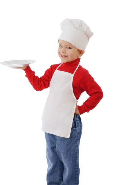 Mała kuchenka uśmiechający się z pustego naczynia — Zdjęcie stockowe