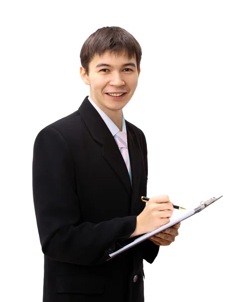 Feliz joven hombre de negocios, primer plano retrato de asiático con expresión sonriente —  Fotos de Stock