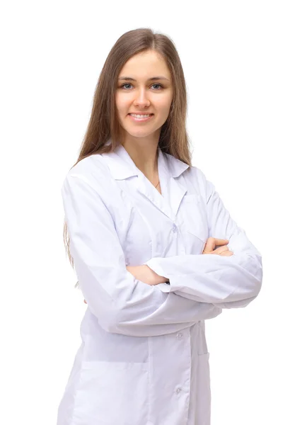 Cute brunette in white medical gown — Stock Photo, Image