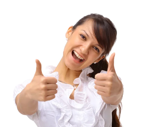 Una Mujer Negocios Emocionada Mostrando Signo Éxito Aislado Blanco — Foto de Stock
