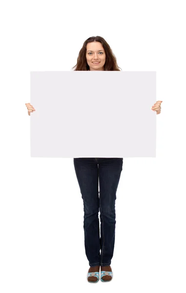 Schöne Geschäftsfrau zeigt leere weiße Tafel — Stockfoto