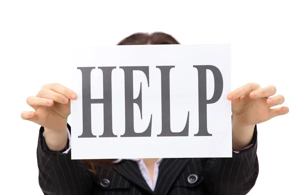 Geschäftsfrau braucht Hilfe, um Arbeit zu bewältigen. isoliert auf weißem Hintergrund. — Stockfoto