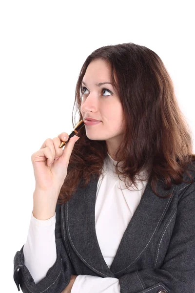 Beautiful businesswoman isolated on white, holding a golden pen — Stock Photo, Image