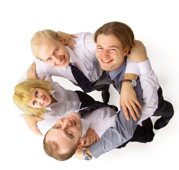 Nad zobrazením několika šťastný obchodních partnerů při pohledu na fotoaparát při embra — Stock fotografie