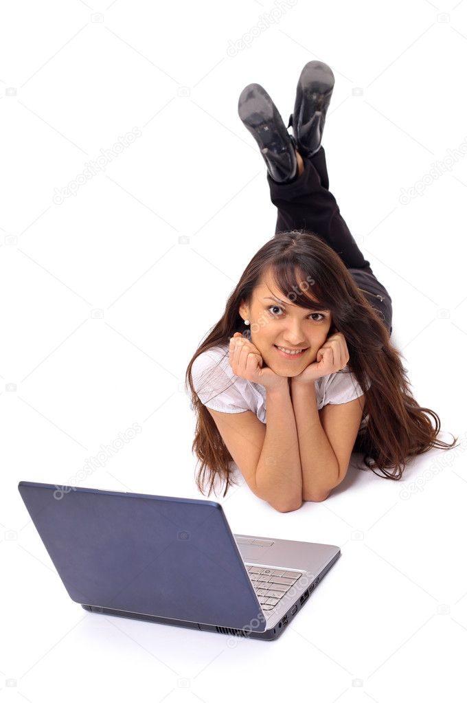 Elegant business woman drawn on the ground with laptop, isolated on a white