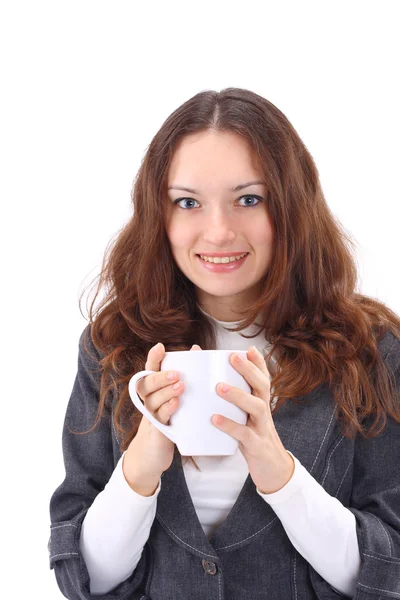 Muotokuva kaunis liike nainen tilalla kahvi kuppi — kuvapankkivalokuva