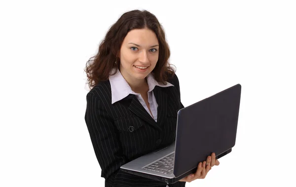 Belle femme avec ordinateur portable dans les mains souriant — Photo