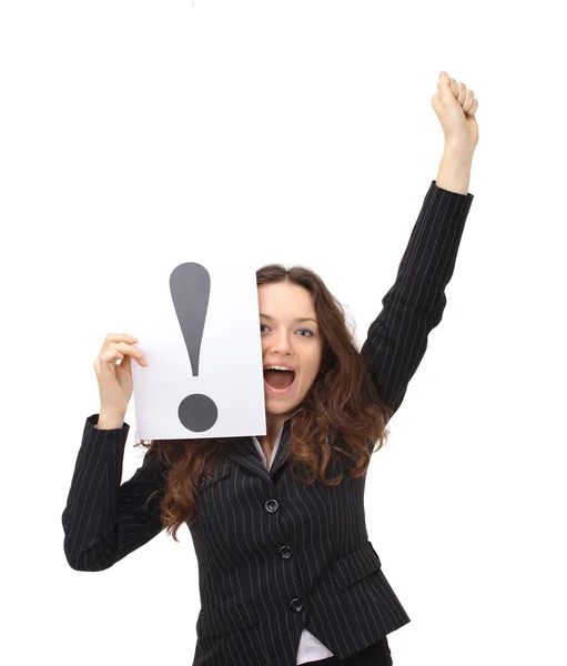 Kvinna som pekar upphetsad vid tomt kort tecken med kopia utrymme. — Stockfoto