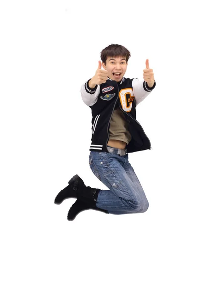 Jonge trendy stijlvolle tiener jumping in vreugde geïsoleerd op witte achtergrond — Stockfoto