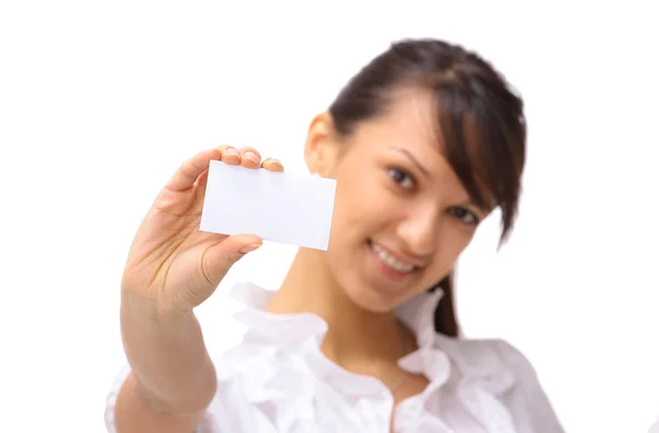 Unga glada affärskvinna med tomma tecken eller visitkort, isolerade — Stockfoto