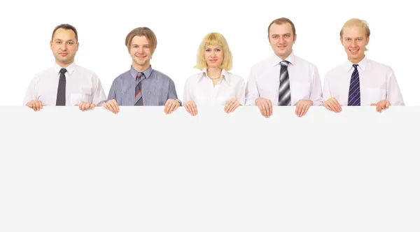 Ομάδα των επιχειρήσεων που κατέχουν ένα διαφημιστικό banner που απομονώνονται σε λευκό — Φωτογραφία Αρχείου