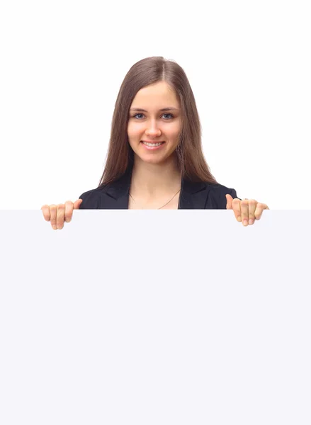 Die schöne Geschäftsfrau zeigt auf weißem Hintergrund — Stockfoto