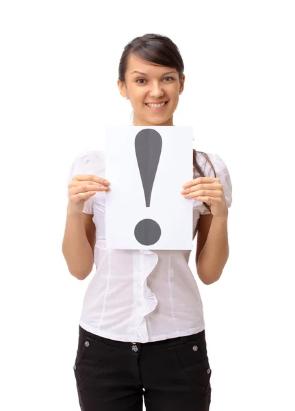 A bela mulher de negócios mostra um símbolo em um fundo branco — Fotografia de Stock