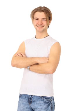 The young beautiful man on a white background