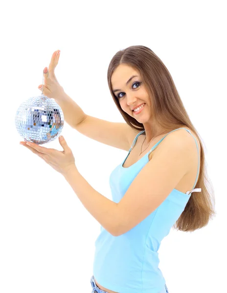 La chica con una esfera de espejo sobre un fondo blanco — Foto de Stock
