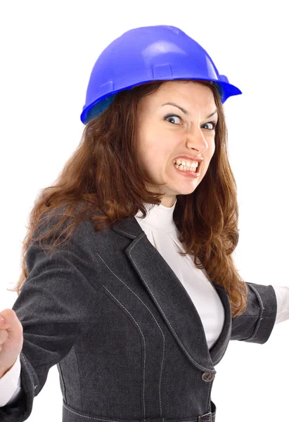 A mulher de negócios maliciosa o engenheiro em um fundo branco — Fotografia de Stock