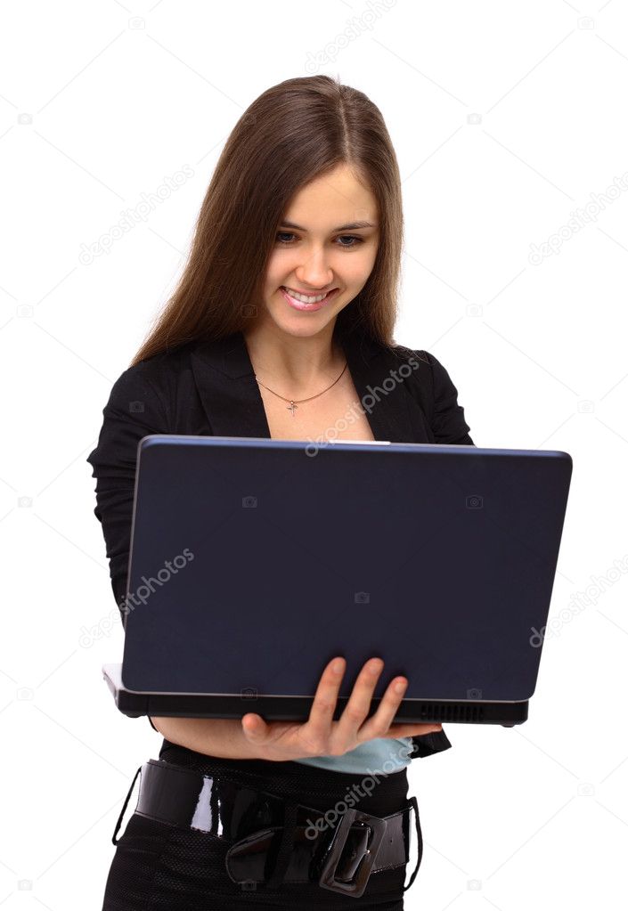 The beautiful business woman with the computer on a white background