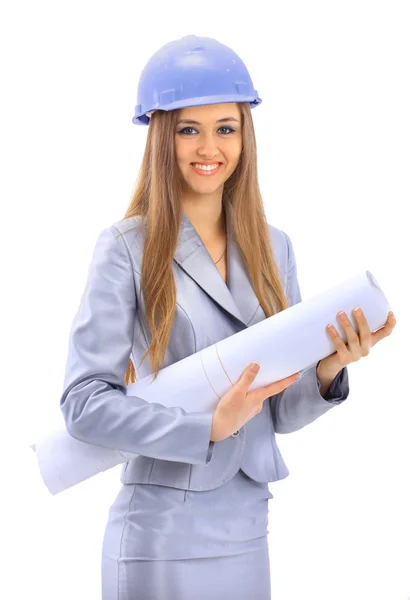 The beautiful business woman the architect on a white background — Stock Photo, Image
