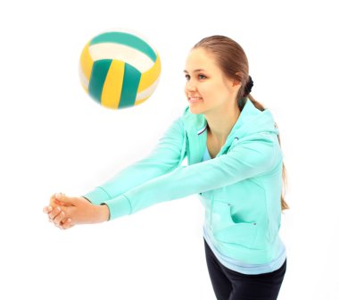 The beautiful young woman plays sports on a white background clipart