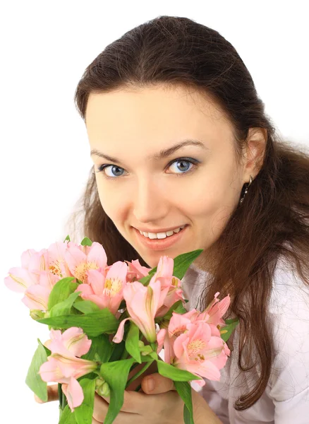 Hermosa mujer con flores rosadas lirio aislado sobre blanco — Foto de Stock