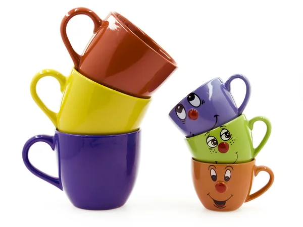 Three Middle Cups Three Kid Cup Curious Smiling Faces — стоковое фото