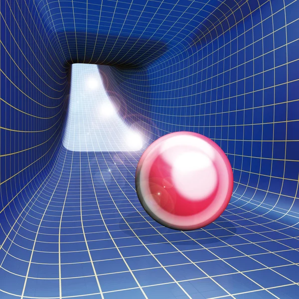 stock image 3d rendering illustration, Red ball and blue grid tunnel