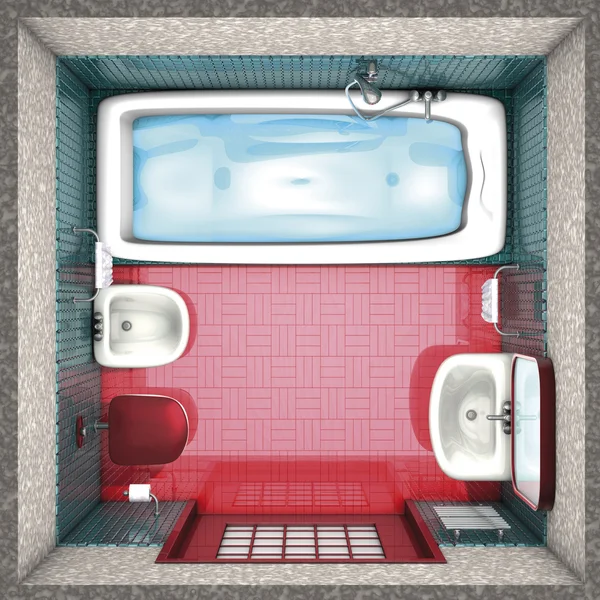 レンダリング 赤の浴室の上 — ストック写真