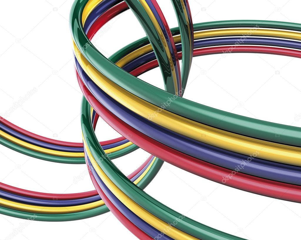 3d rendering, rings cables crossover on white background
