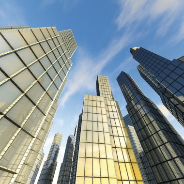 3d illustration, Modern building skyline sun illuminated clipart