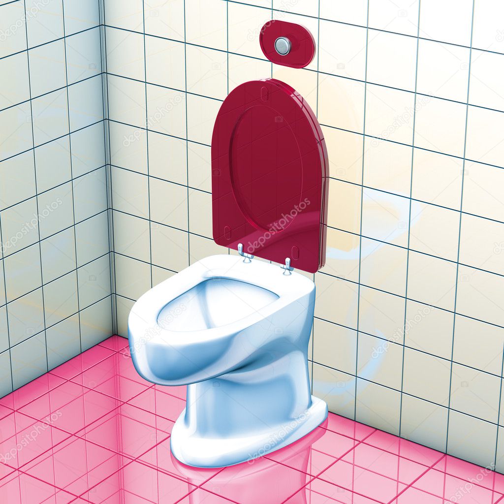 3D rendering, bathroom gray tiles and toilet red top