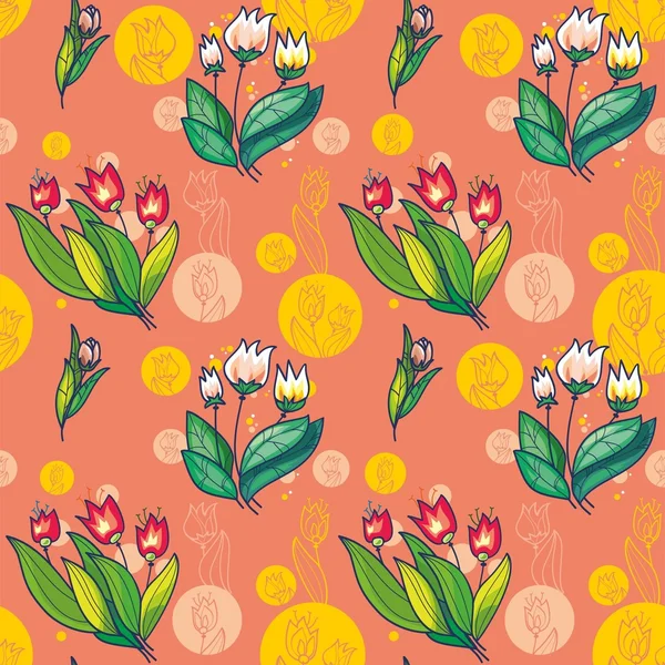 Floral Seamless Pattern Bright White Crimson Tulips Pink Background Circles — Stock Vector