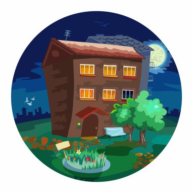 Small houses, light from the window, moonlight night. vector clipart