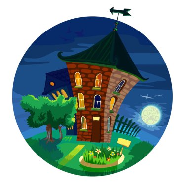 Small houses, light from the window, moonlight night. vector clipart