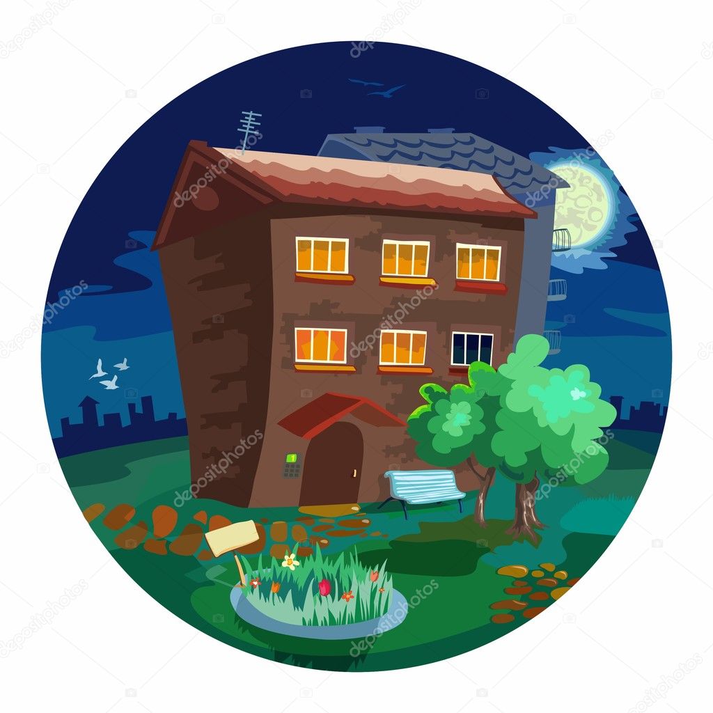 Small houses, light from the window, moonlight night. vector