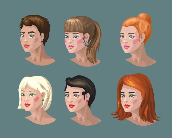 Mädchen mit unterschiedlichen Frisuren. Reihe von Vektor-Avataren — Stockvektor