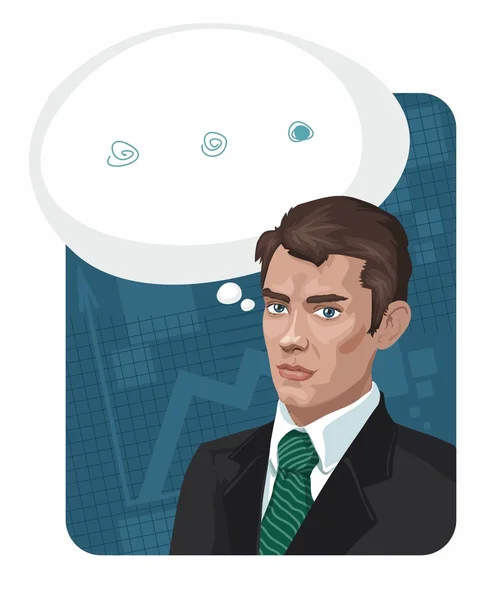 Hombre en un traje de negocios sobre un fondo azul con una burbuja del habla — Vector de stock