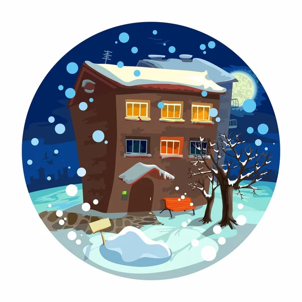 かわいい小さな家、冬の夜 — ストックベクタ