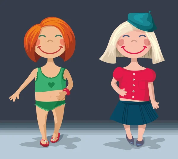 Deux jolies petites filles en maillots de bain et de belles robes — Image vectorielle