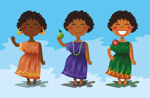 3 personajes de dibujos animados - chicas africanas lindas . — Vector de stock