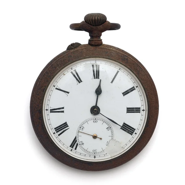 Stary Zegarek Kieszonkowy Czasu Białym Tle Ścieżką Przycinającą — Zdjęcie stockowe