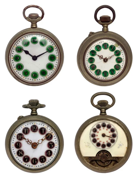 Zestaw Czterech Stare Zegarki Kieszonkowe Białym Tle Ścieżką Przycinającą — Zdjęcie stockowe