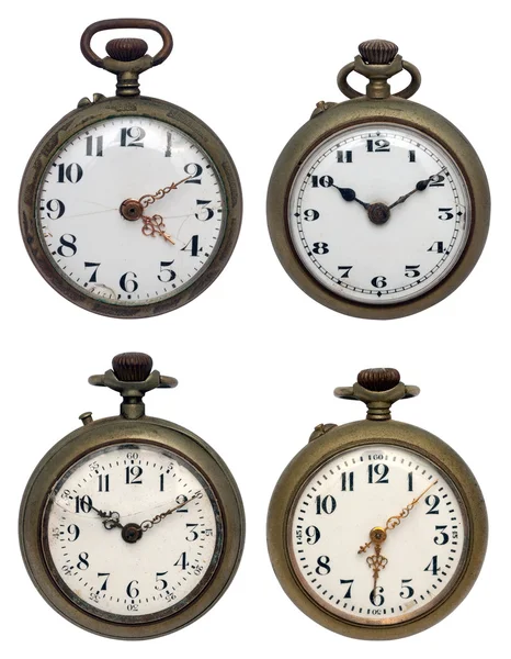 Conjunto Cuatro Relojes Bolsillo Antiguos Aislados Con Camino Recorte — Foto de Stock