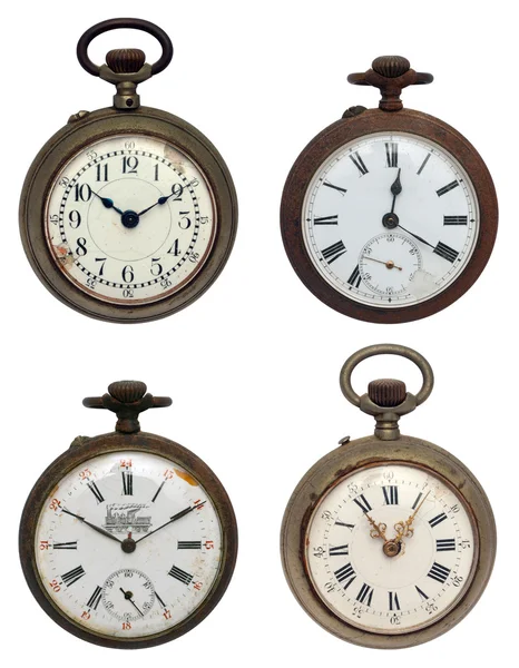 Sada čtyř staré kapesní hodinky, izolované s ořezovou cestou — Stock fotografie