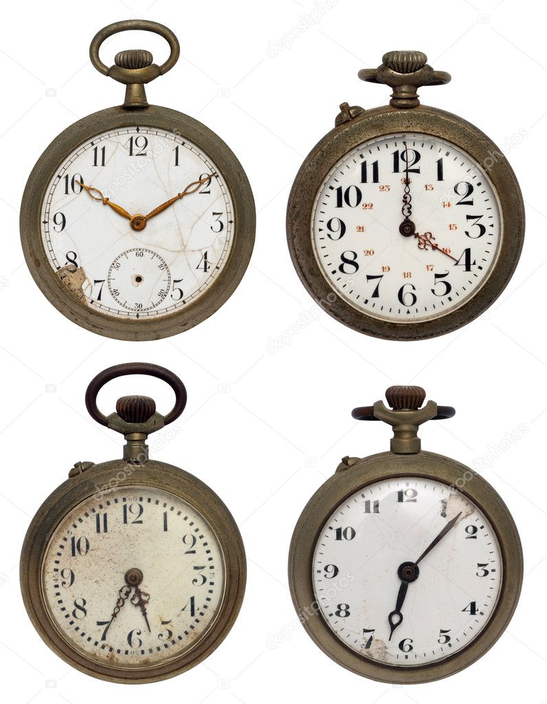 Set of four old pocket watches, isolated with clipping path