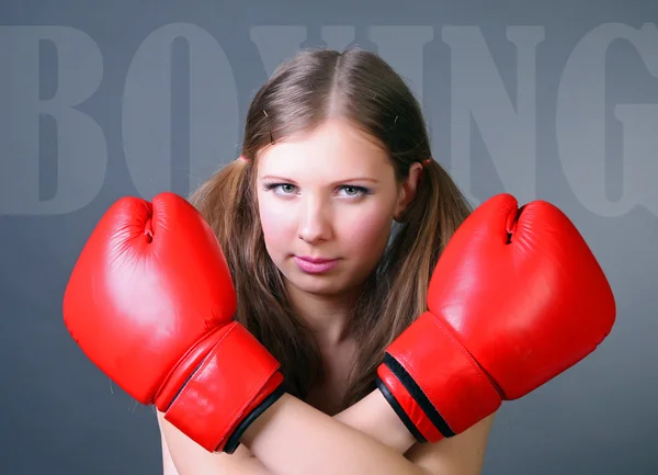 Women boxing punching red gloves — Stock Photo, Image