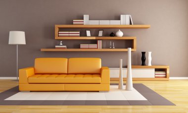 modern ahşap kitaplık ile turuncu ve kahverengi oturma odası