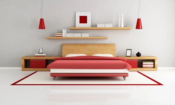 Drewniane Czerwony Minimalistyczny Sypialnia Renderowania — Zdjęcie stockowe